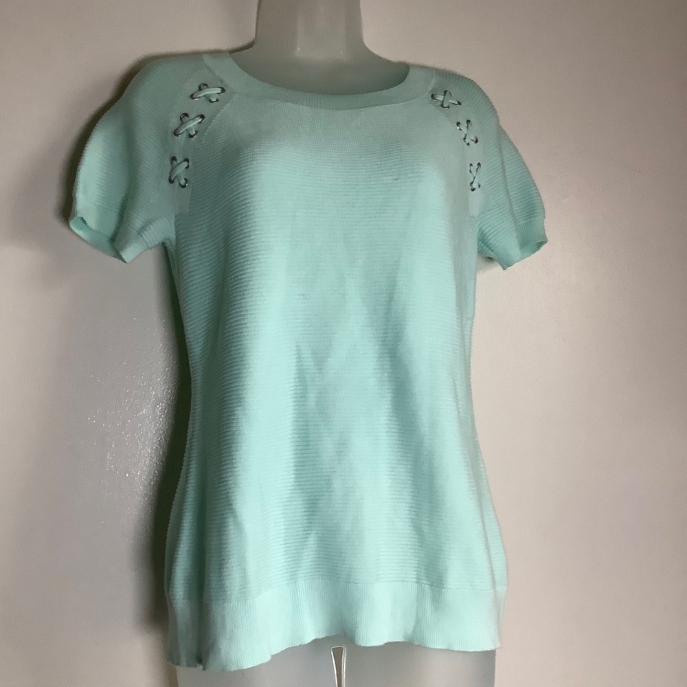 Talbots Petites‎ Mint Green Ribbed Short Sleeve Sweater Lace Up Shoulder P